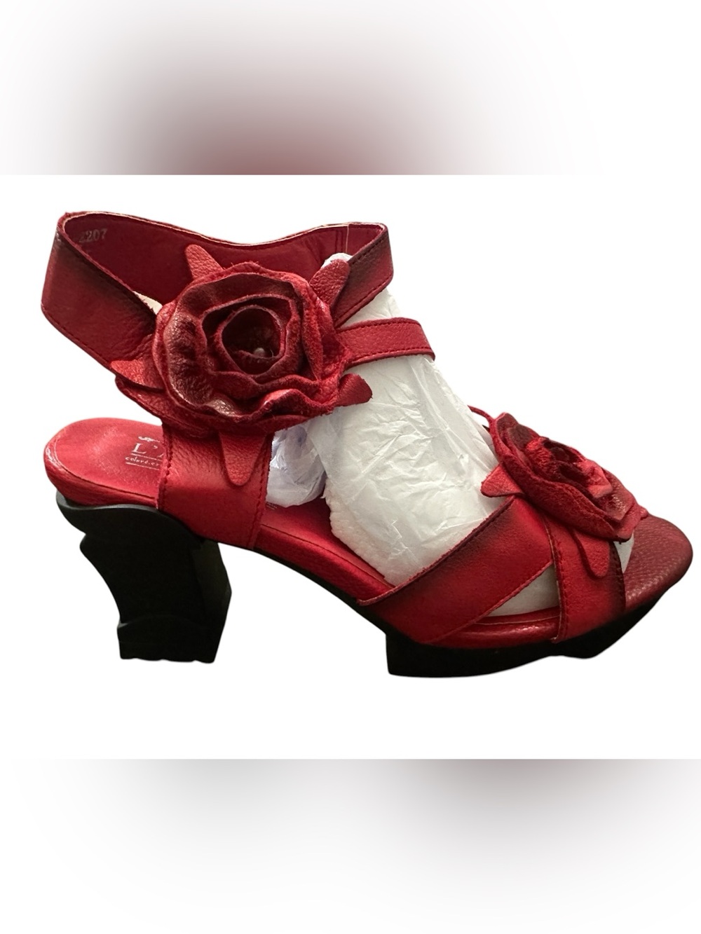 L’Artiste Shelly Red Heels Leather Rose Sculptural Heel NEW - Picture 10 of 11